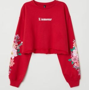 H&M Cropped Sweatshirt- Red "L'amour"
